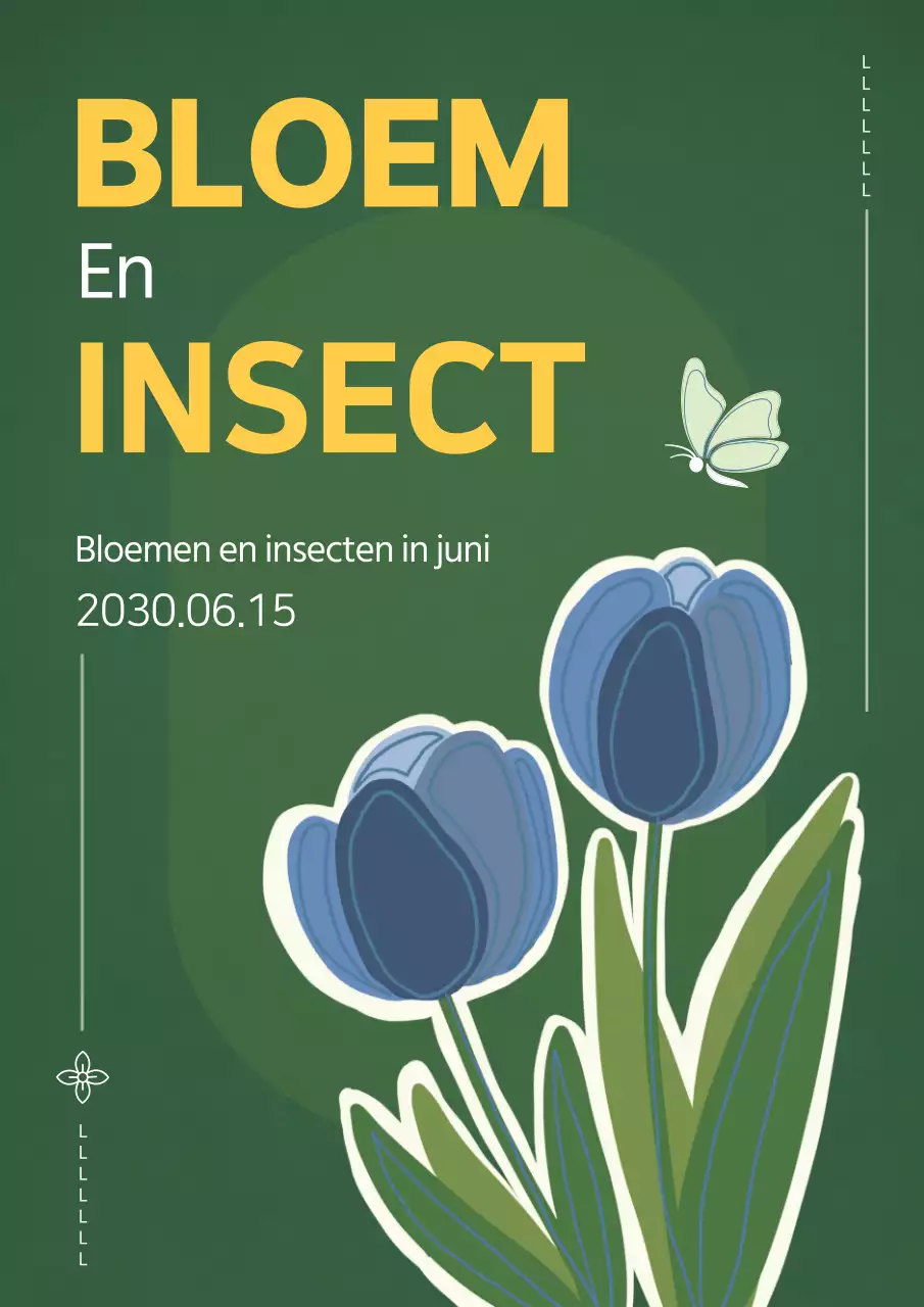 Groen met gele webposter ter promotie van de bloemen- en insectenecologie-ervaring