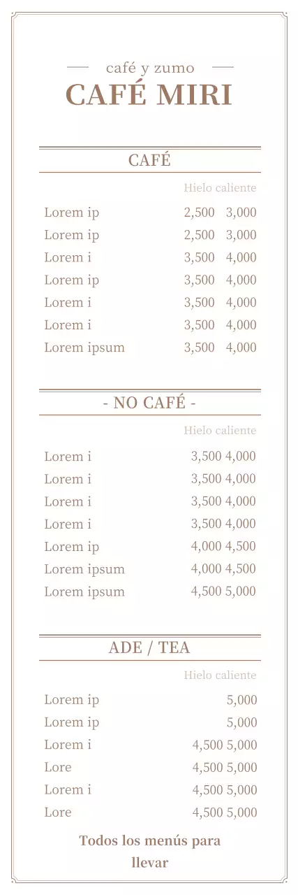 Sencillo cartel de menú de cafetería en blanco y marrón