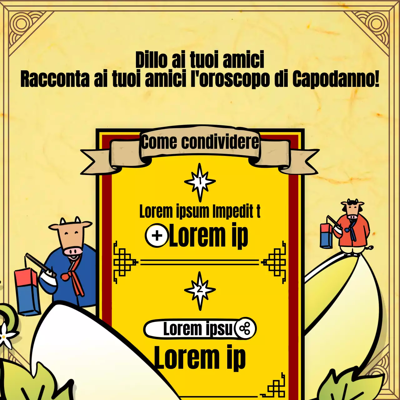 Cartomanzia di Capodanno con l'illustrazione del personaggio tradizionale della mucca gialla