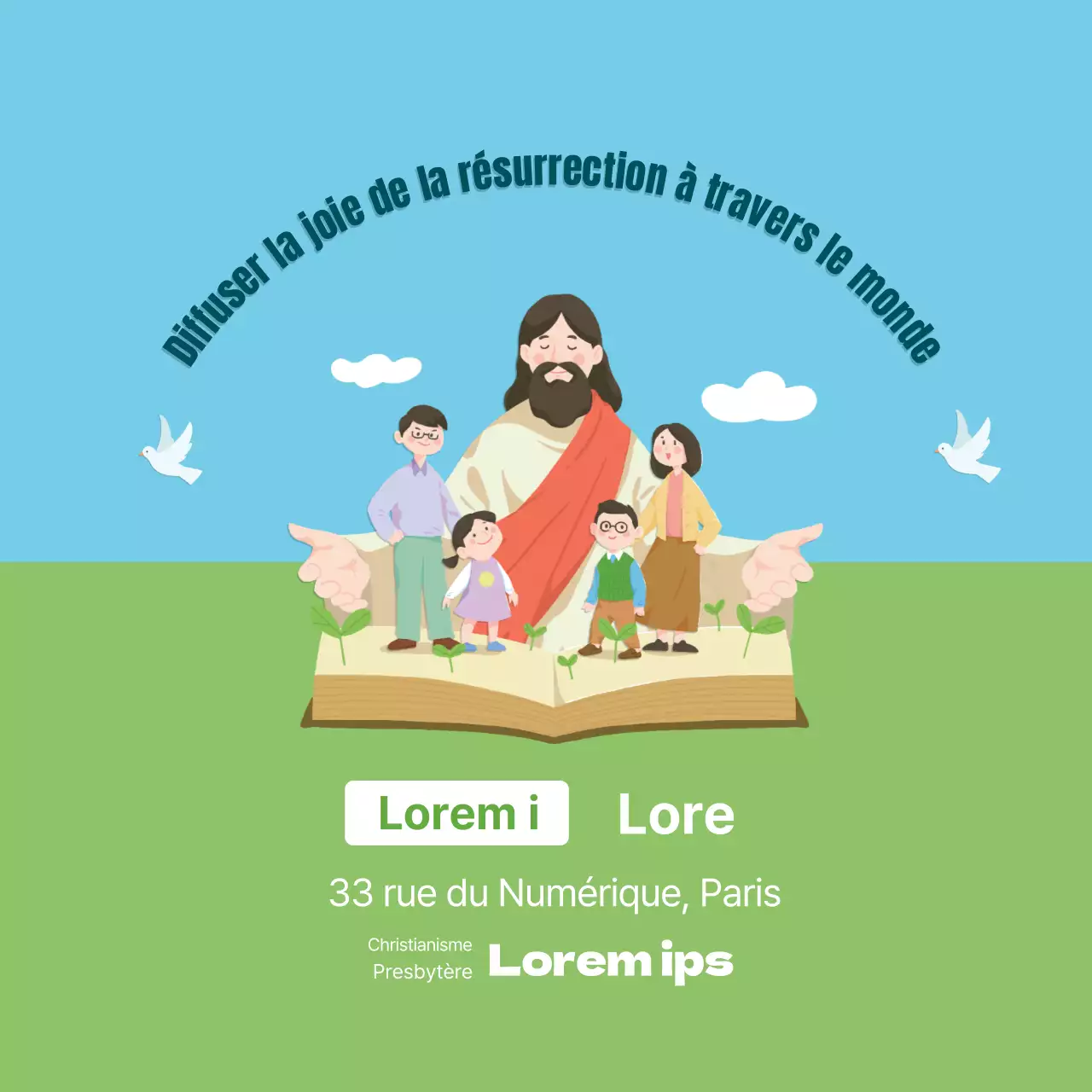 Illustration bleu-vert promotion du service d'action de grâce de l'égliseIllustration bleu-vert promotion du service d'action de grâce de l'église