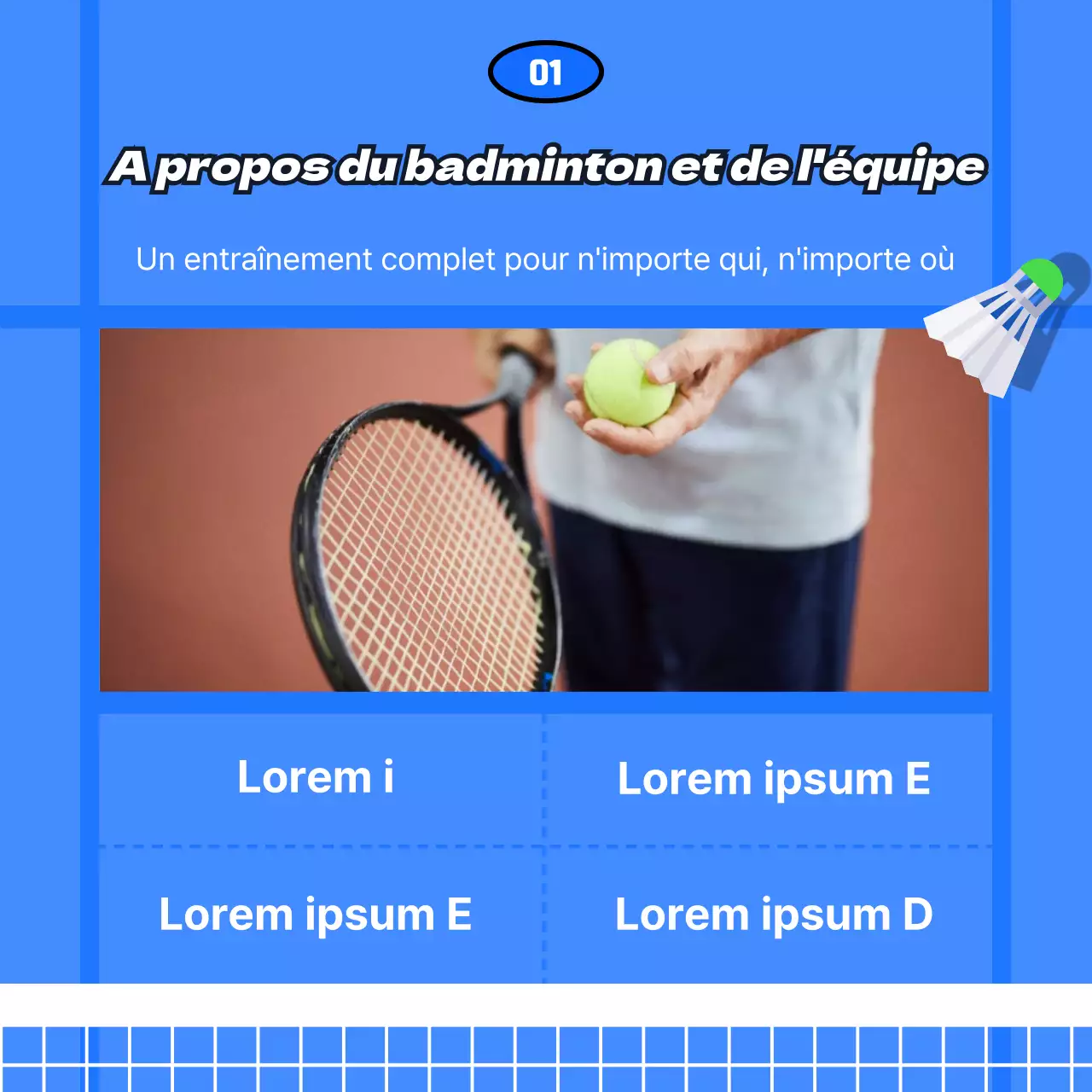 Recrutement de membres pour un club de sport avec un concept de terrain de badminton bleu