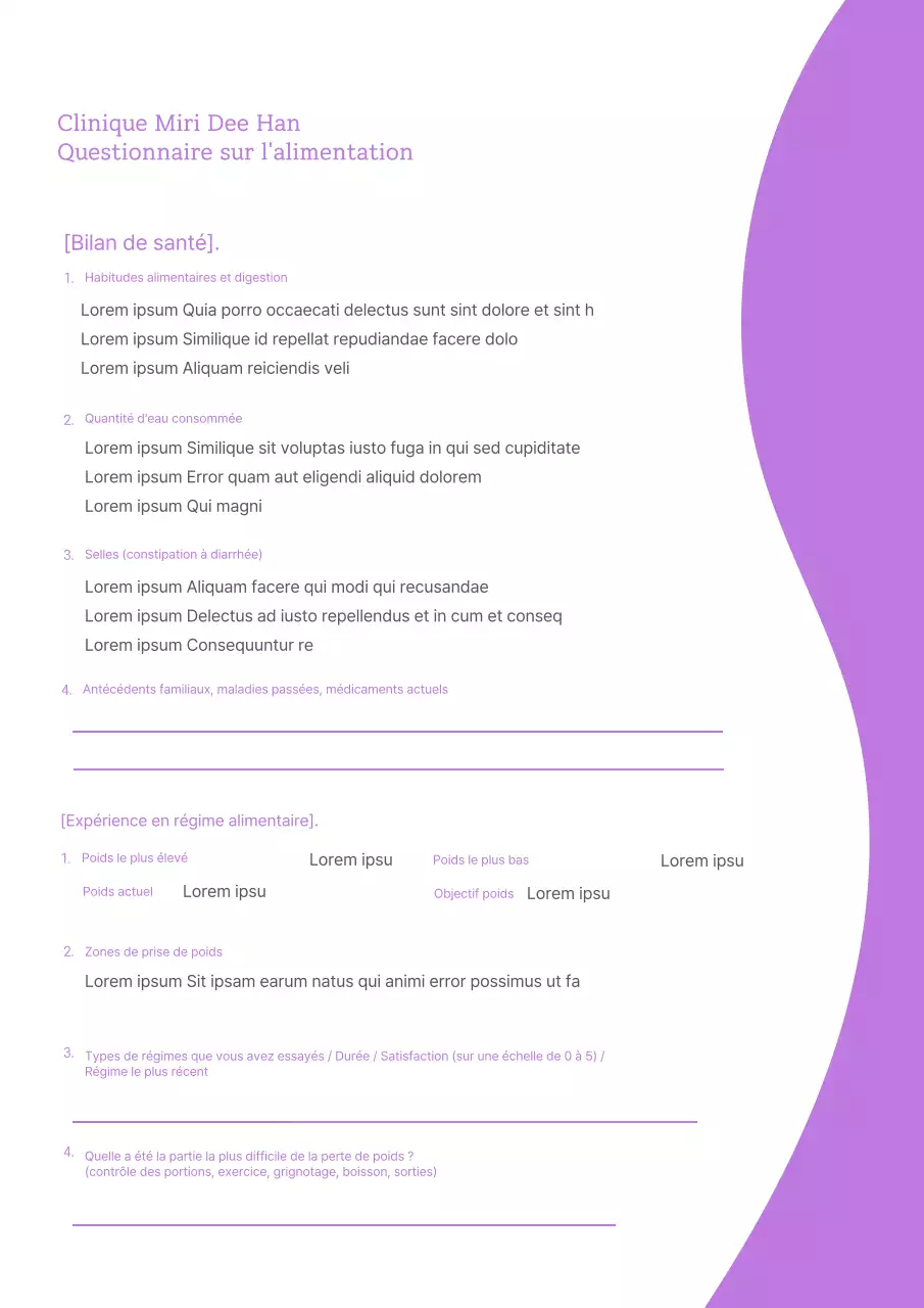 Questionnaire sur le régime alimentaire mauve modèle de document pour une clinique de santé