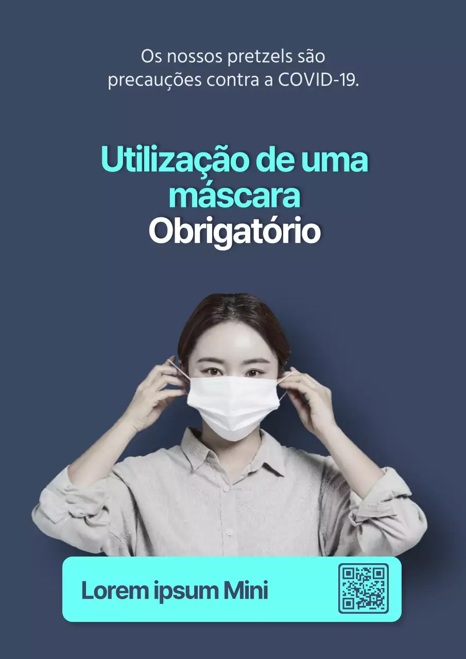 Um cartaz simples com uma modelo feminina a usar uma máscara contra um fundo azul-marinho.