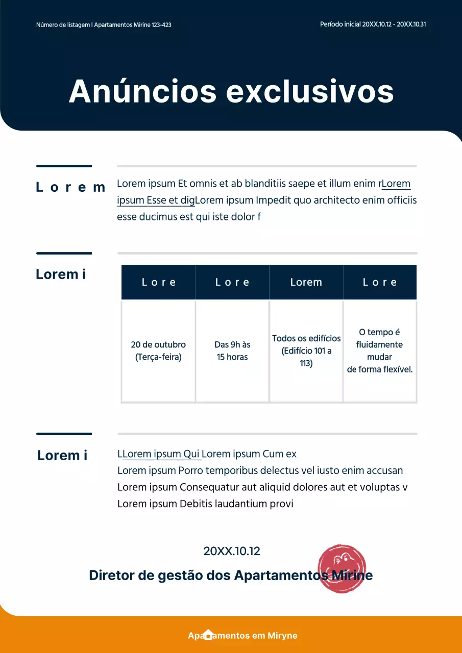 Sinal de conceito de apartamento singular em azul marinho e laranja
