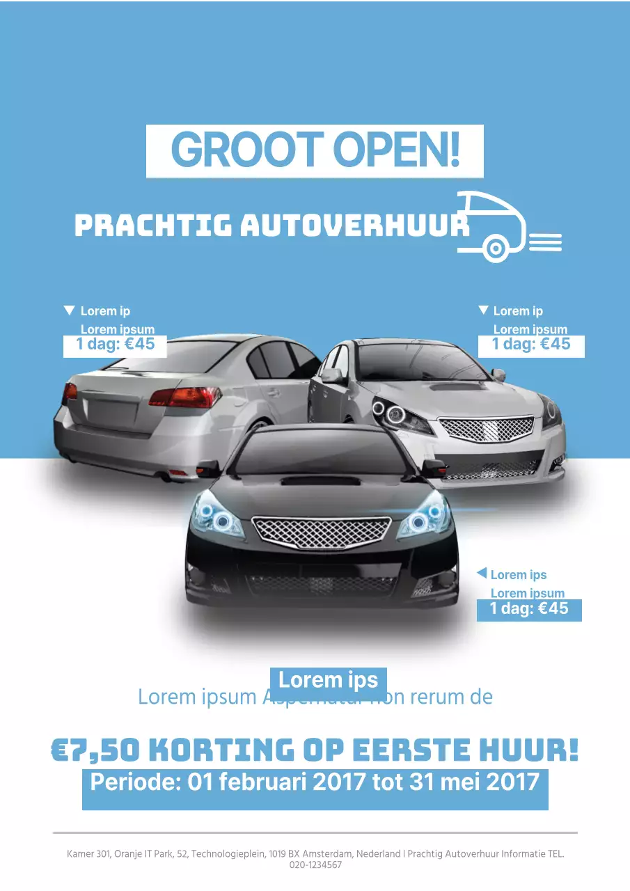 Eenvoudige, lichtblauwe promotieflyer voor autoverhuurbedrijf