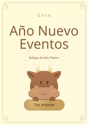 Página promocional del evento de Año Nuevo con simpáticas ilustraciones amarillas