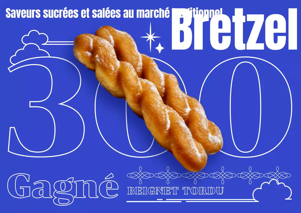 Une affiche de street snack avec une typographie et une photo d'un bretzel en bleu primaire.