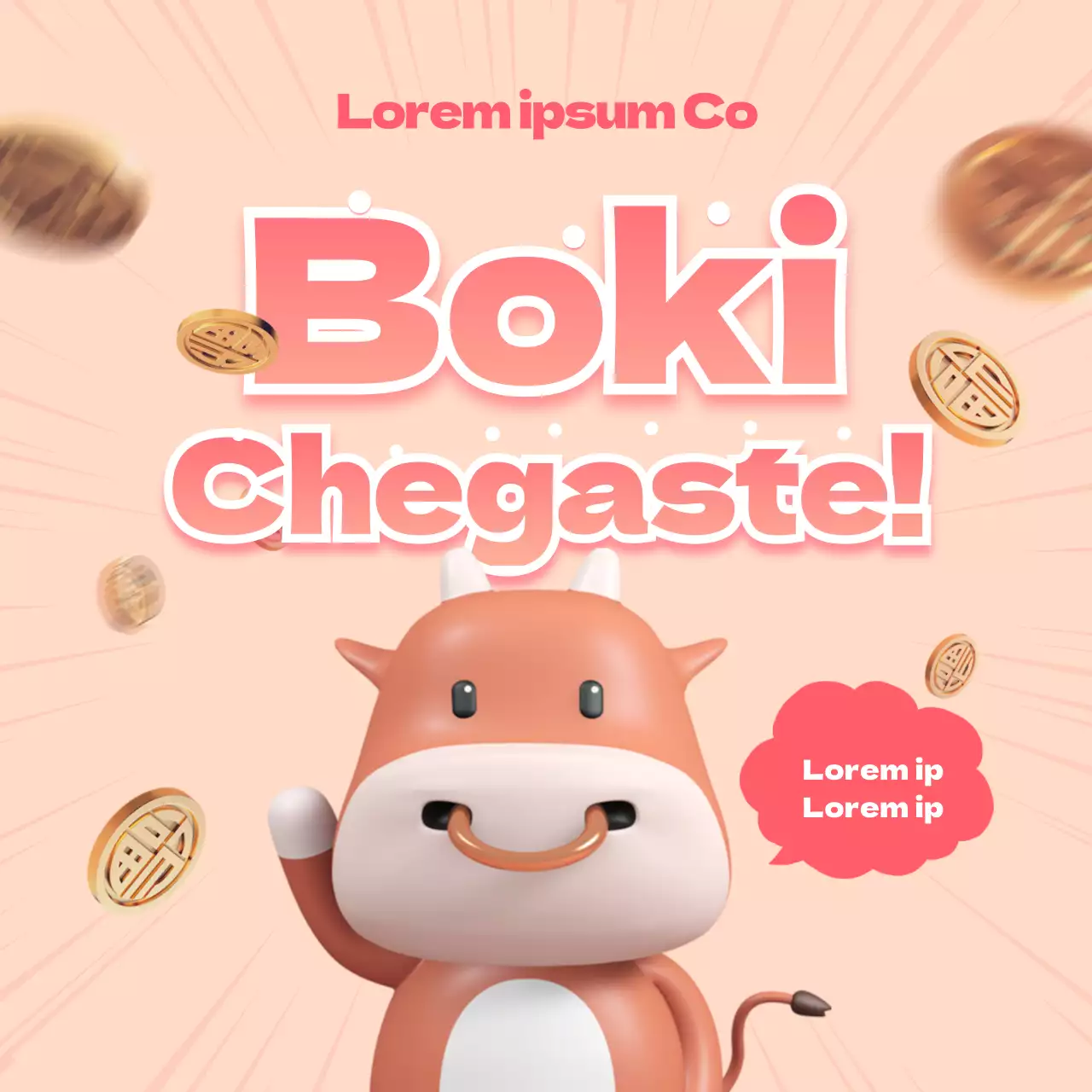Quadrado de comentário de Ano Novo nas redes sociais com uma vaca cor-de-rosa