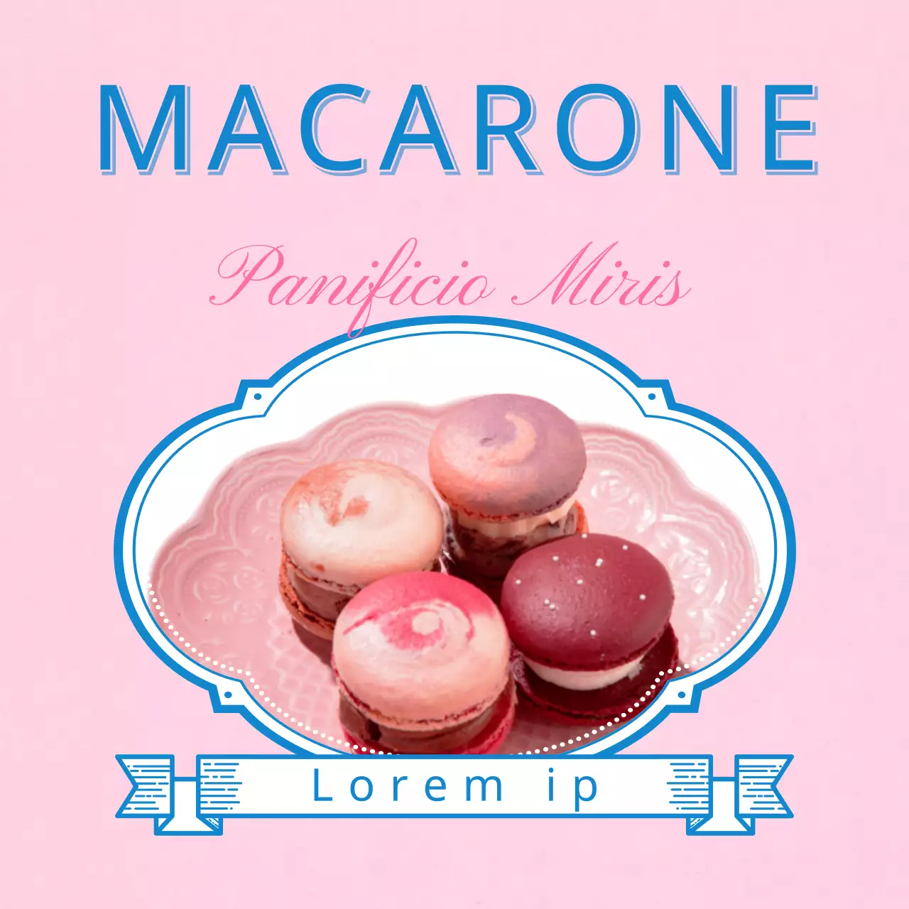 Una caffetteria per macaron con un titolo rosa e blu