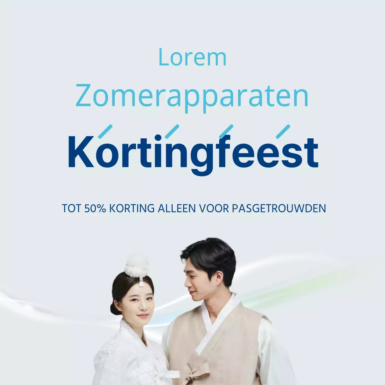 Newlyweds verkoop banner van zomertoestellen in blauw en lichtblauw