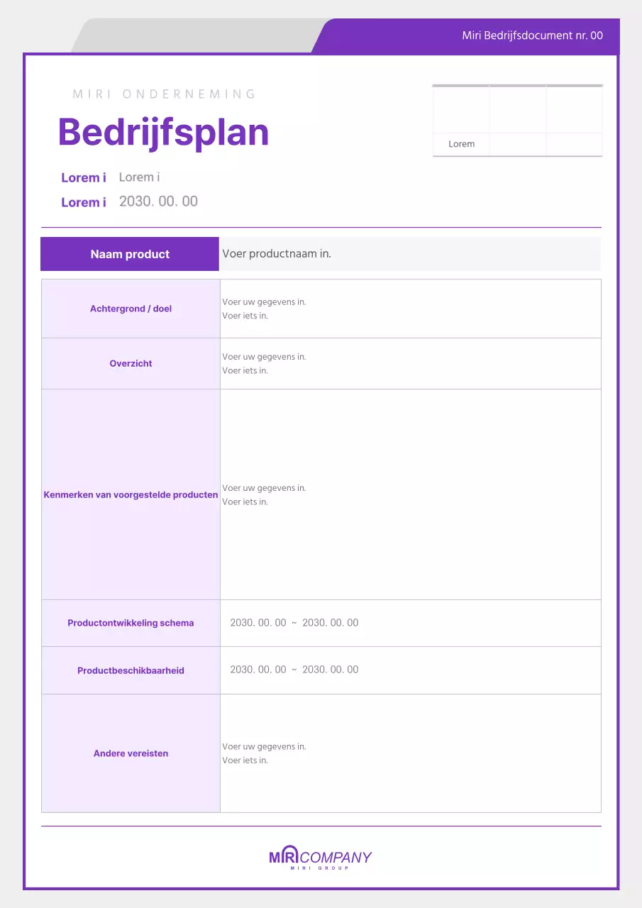 Eenvoudige en strakke documentatie voor ondernemingsplan in paars