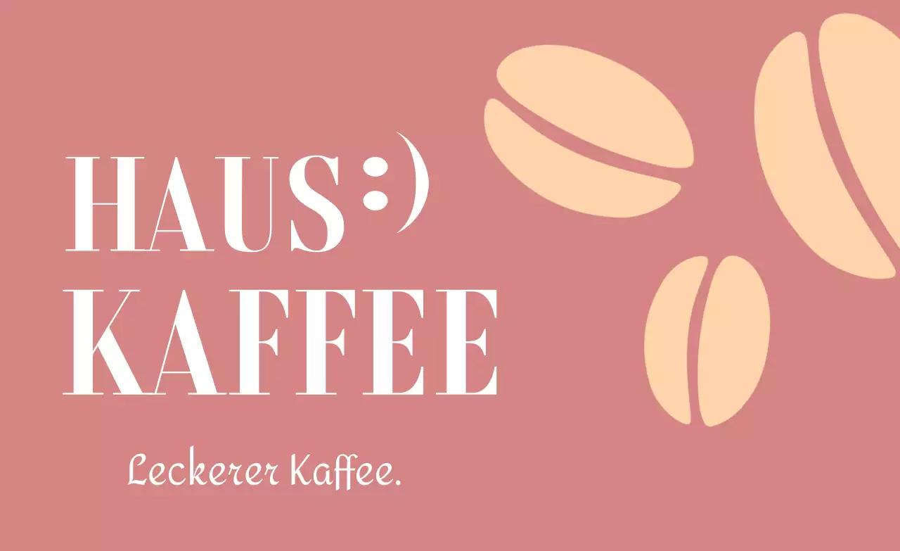 Eine klassische Café-Werbung mit weißem Text und einer Illustration von Kaffeebohnen in Rotbraun und Hellgelb.