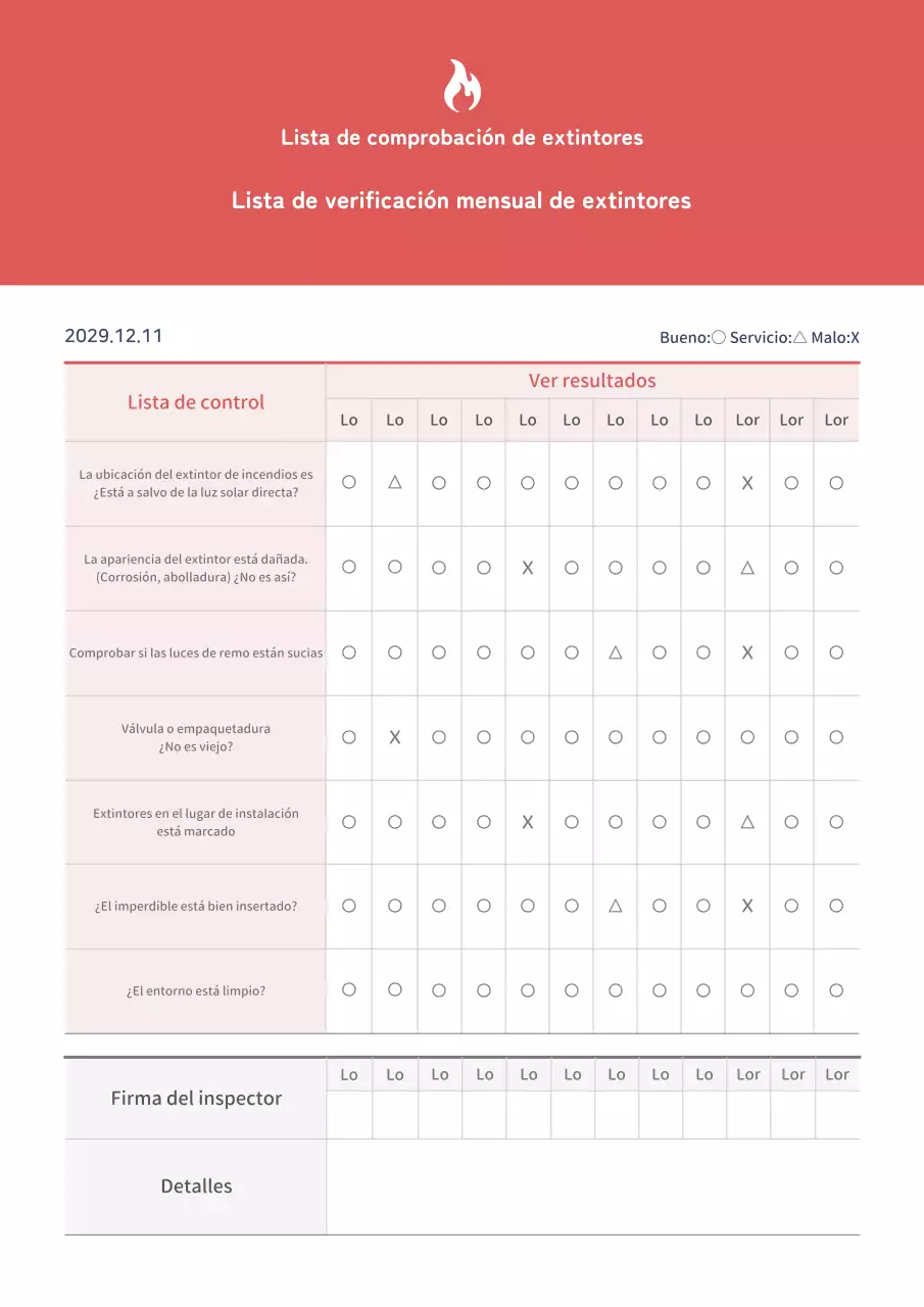 Lista de comprobación mensual de extintores en rojo y blanco
