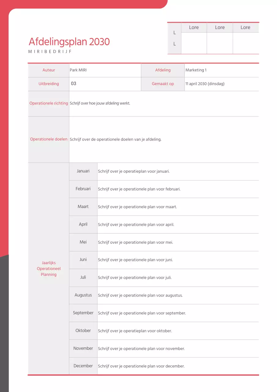Afdelingswerkplan rood en grijs gemarkeerd
