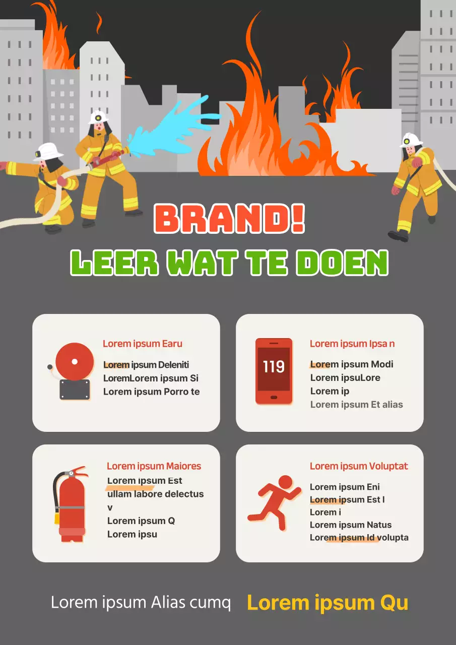 Tips voor brandbestrijding met zwarte en grijze illustraties