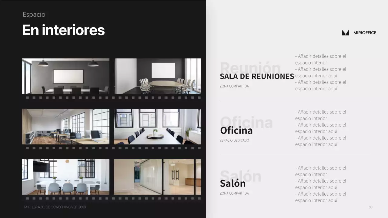 Propuesta de oficina compartida de concepto cinematográfico sencillo y monótono