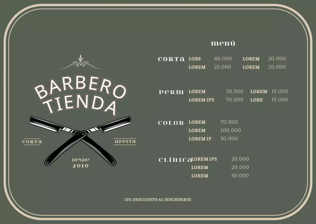 Soporte acrílico para tablero de menú de barbería verde de estilo vintage