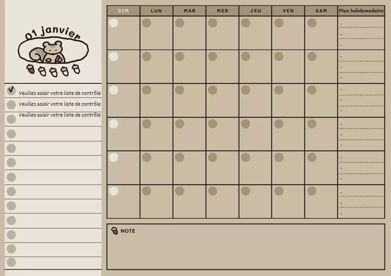 Mignon agenda mensuel illustré en beige marron