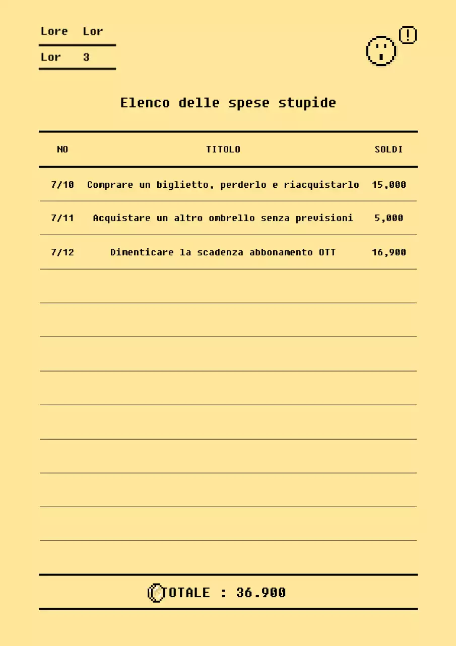 Elenco delle spese stupide in un concetto di ricevuta bitmap gialla