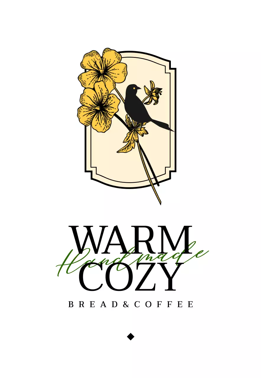 黒と黄色の花と鳥のイラストが印象的なベーカリーカフェのデザイン。
