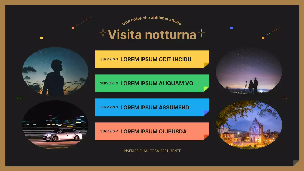 Una simpatica guida turistica notturna nera e colorata