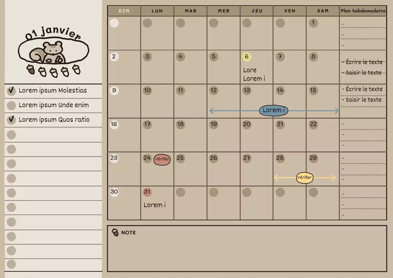 Mignon agenda mensuel illustré en beige marron