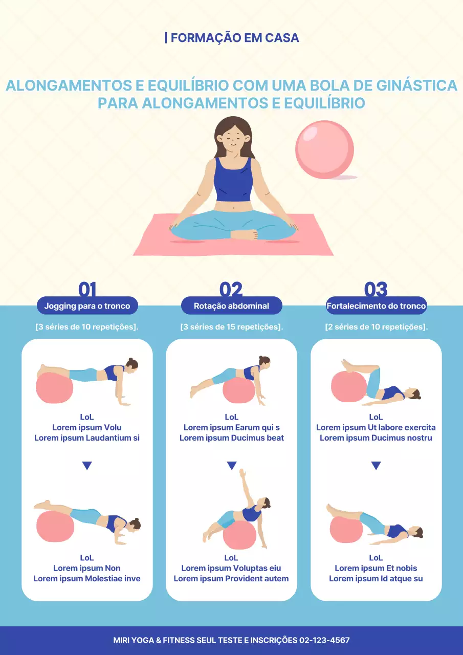 Cartaz ilustrado de exercícios com bola de ginástica em azul