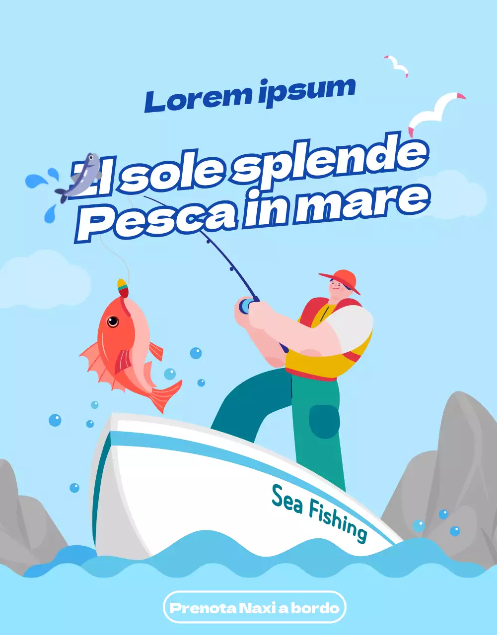 Annuncio per un viaggio di pesca nelle acque blu del mondo