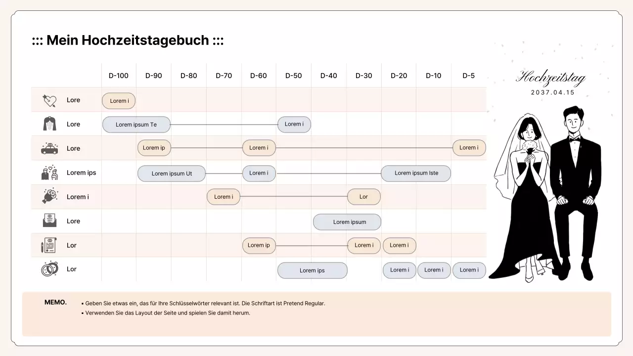 Gantt-Diagramm für die Hochzeitsplanung in Beige- und Mauve-Tönen