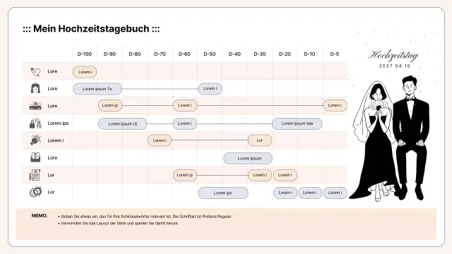 Gantt-Diagramm für die Hochzeitsplanung in Beige- und Mauve-Tönen