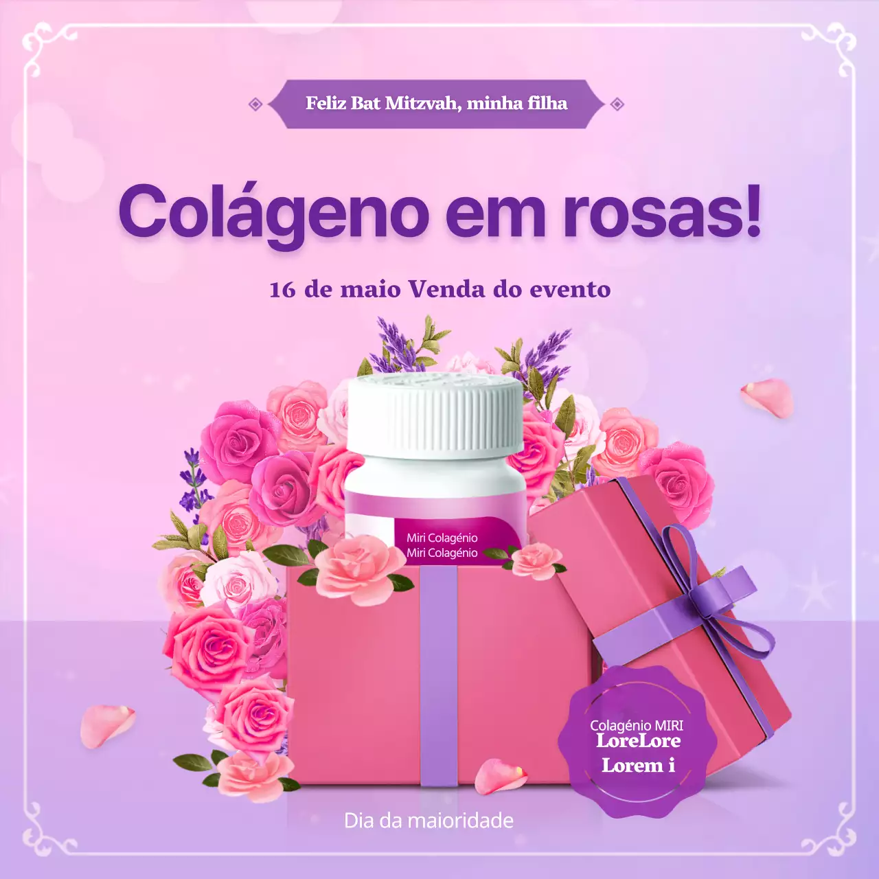 Um fundo rosa feminino em cor-de-rosa e roxo para um evento de colagénio de passagem de idade