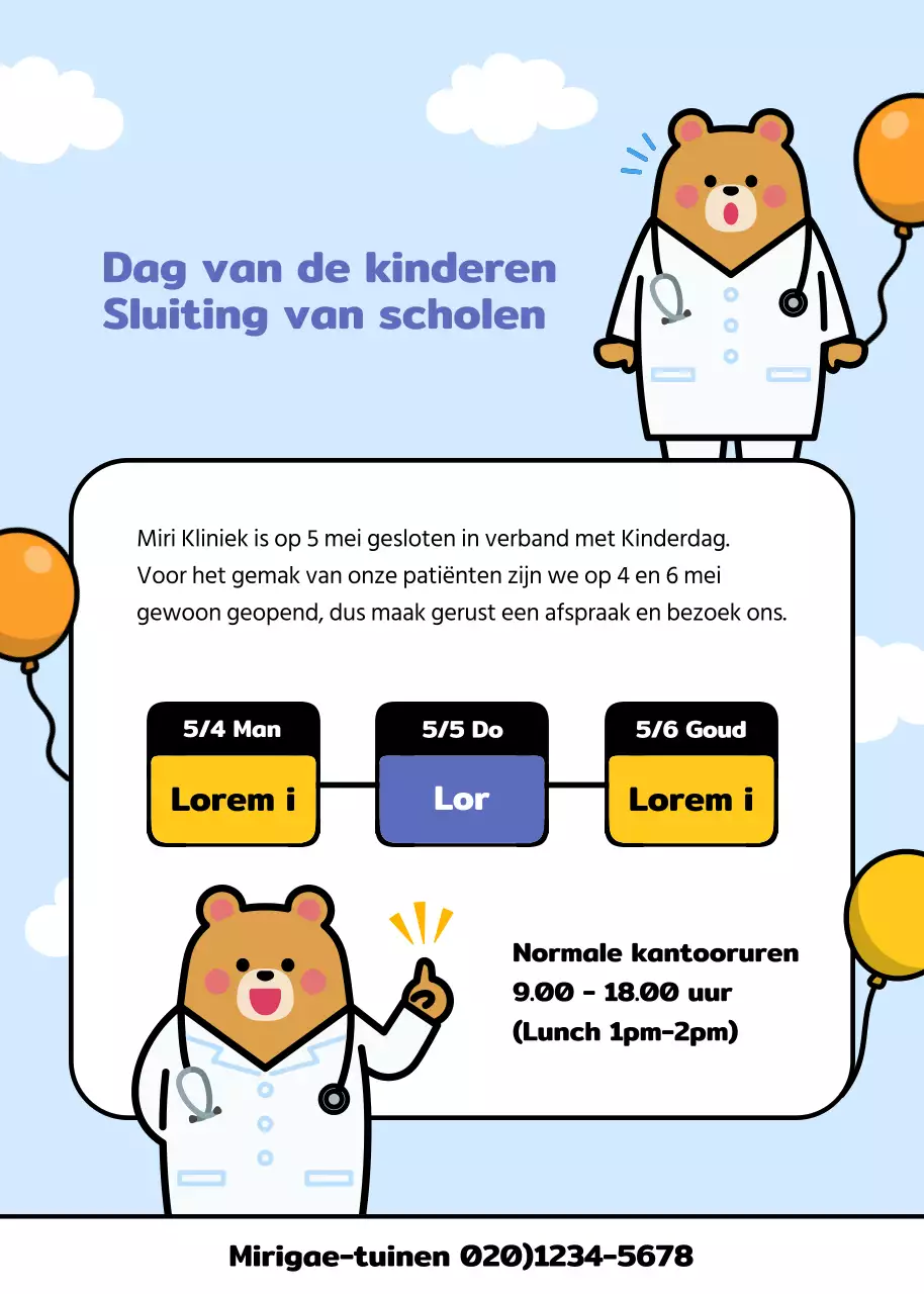 Sluitingsbericht voor kinderdag met een schattige illustratie van een beerdokter op een lichtblauwe achtergrond