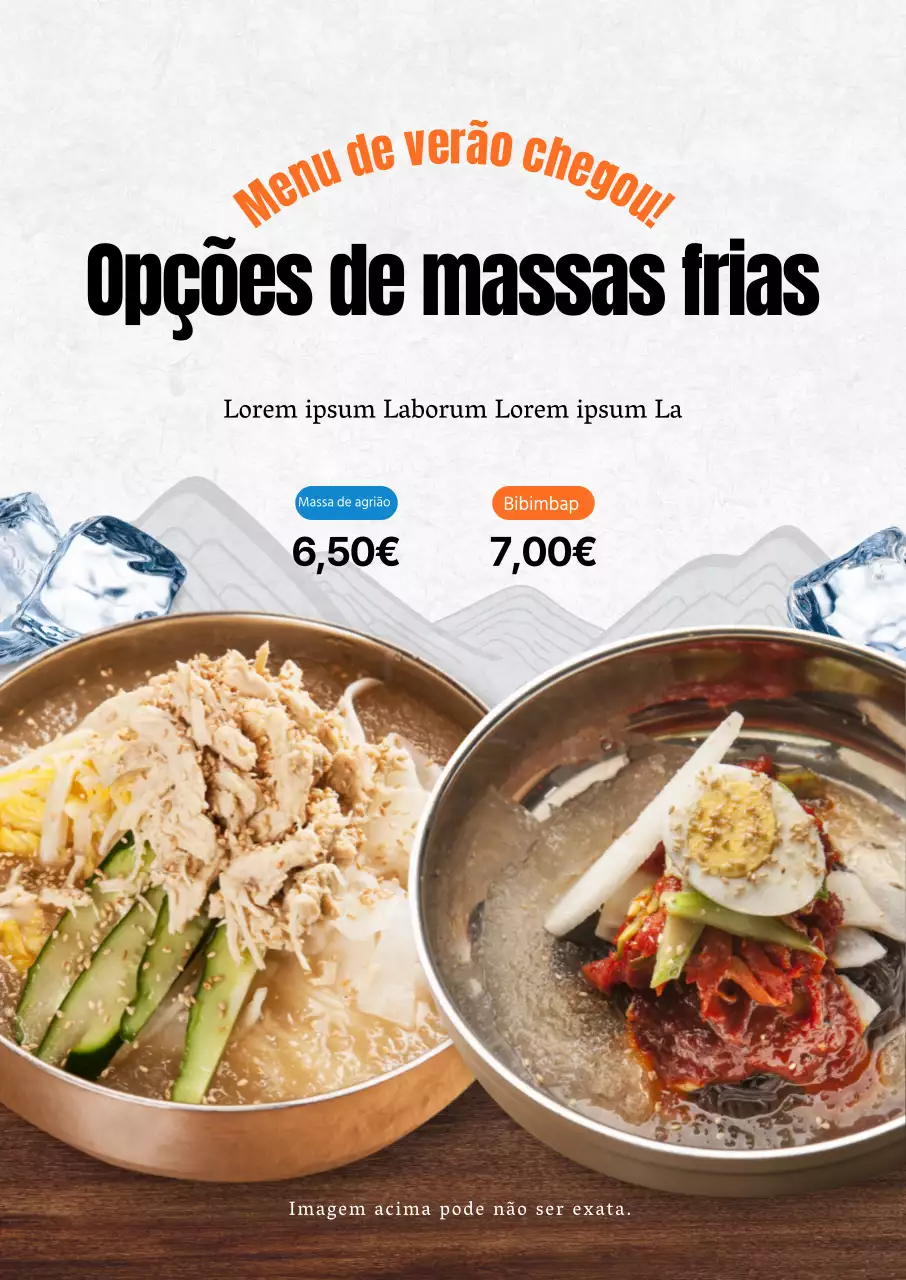 Cartaz promocional em castanho e azul para um menu fresco de verão de trigo frio.