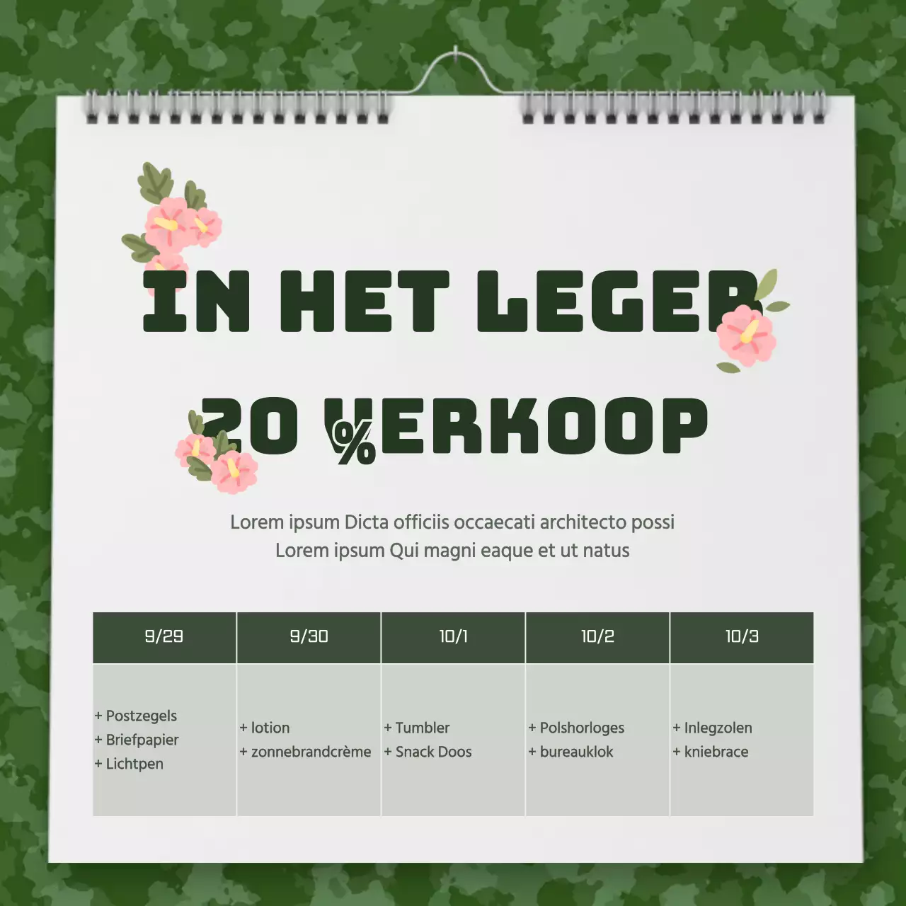 Een handig militair kalenderconcept om evenementen met korting aan te kondigen