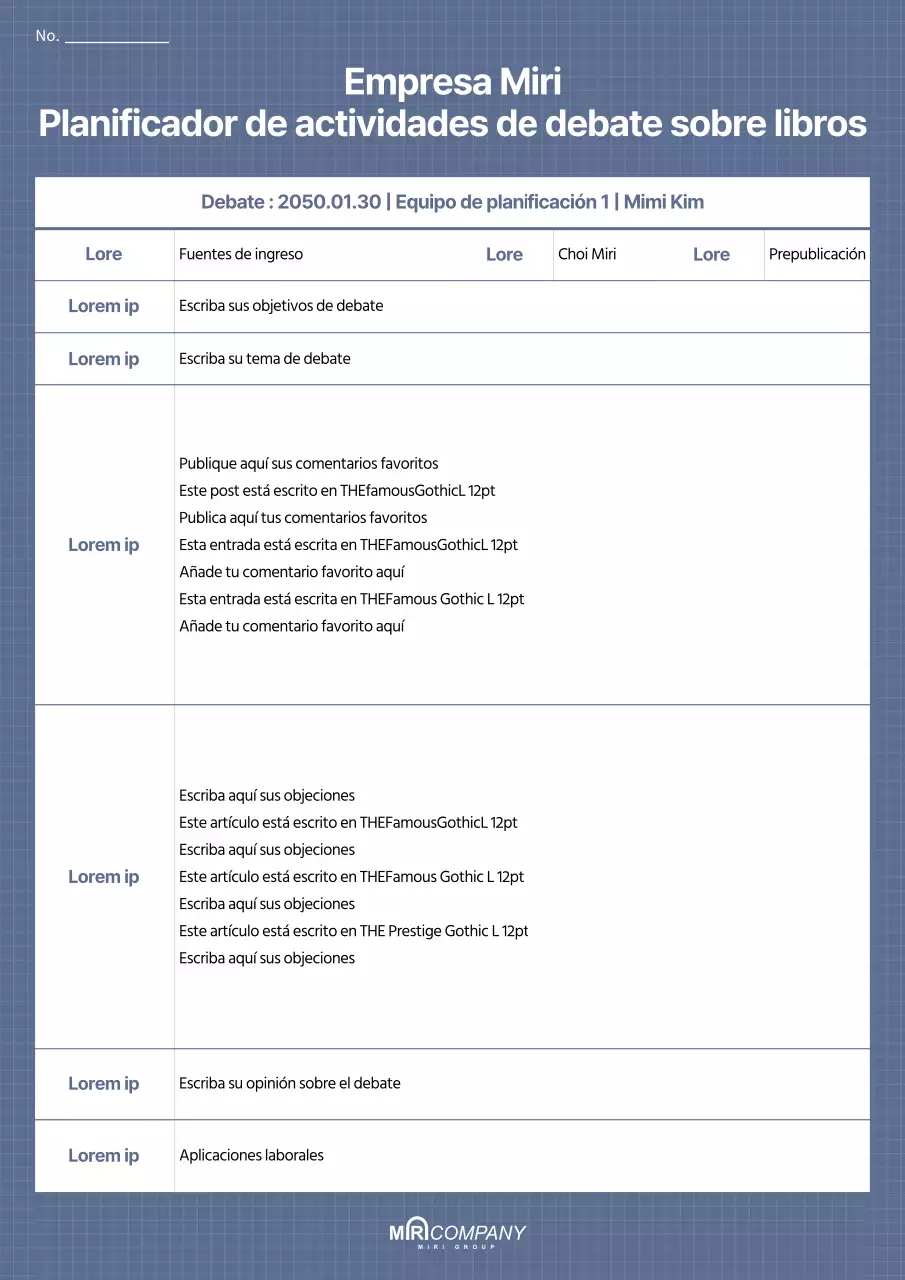 Plan de actividades de debate sobre un libro en tonos azules tranquilizantes y cuadrículas