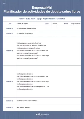 Plan de actividades de debate sobre un libro en tonos azules tranquilizantes y cuadrículas