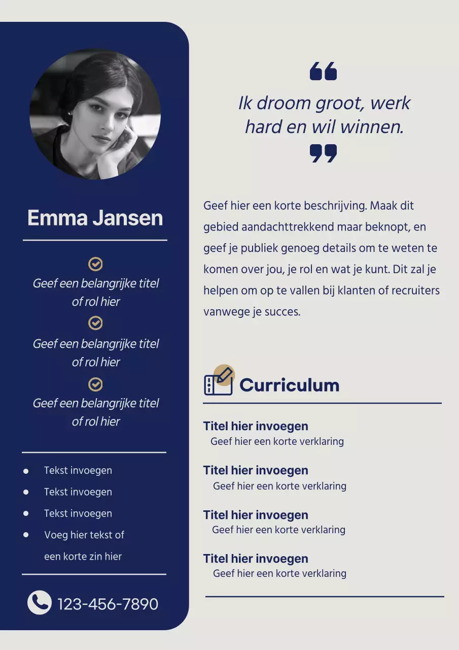Basis cv voor instructeur in marineblauw en beige