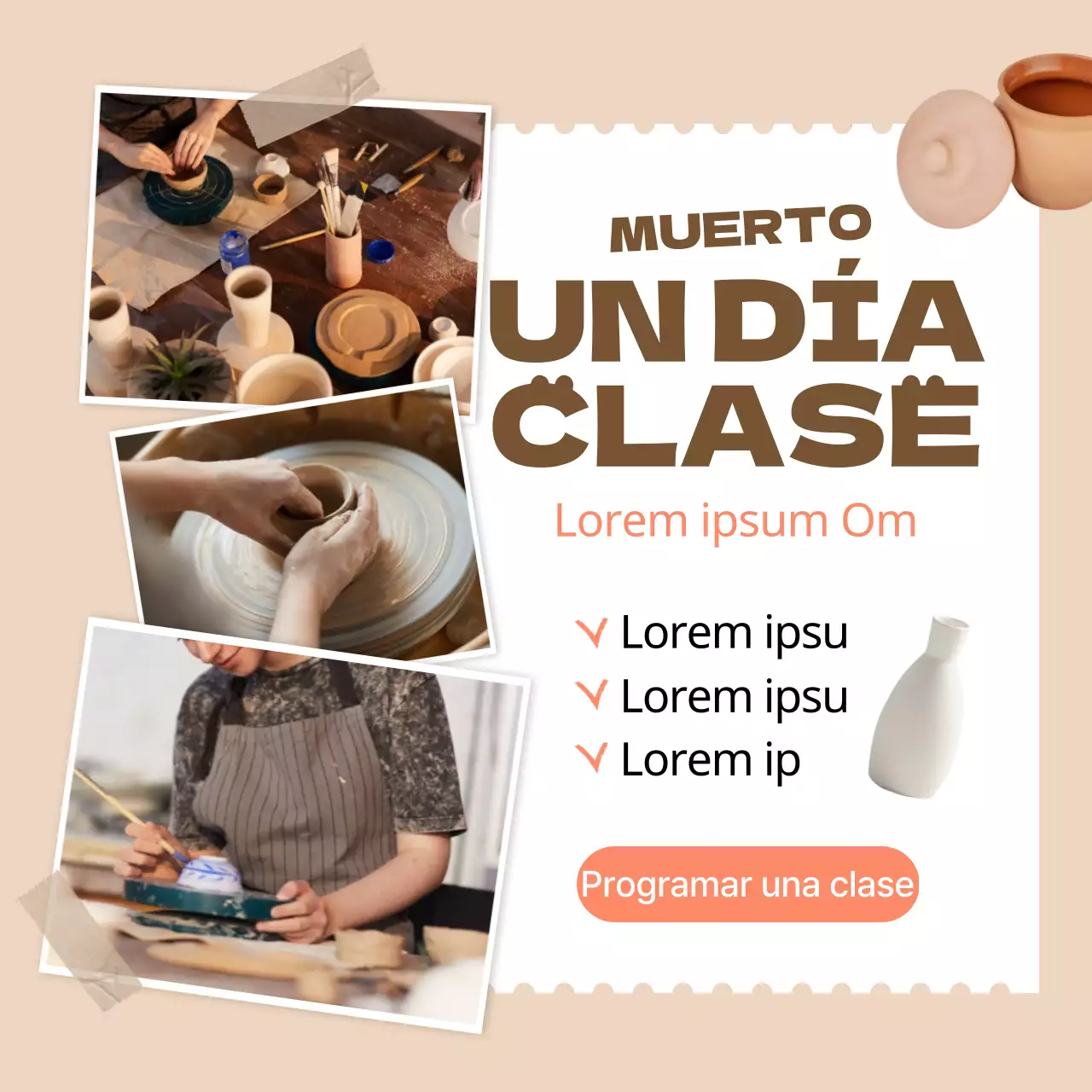 Promoción de una clase de cerámica de un día en tonos beige