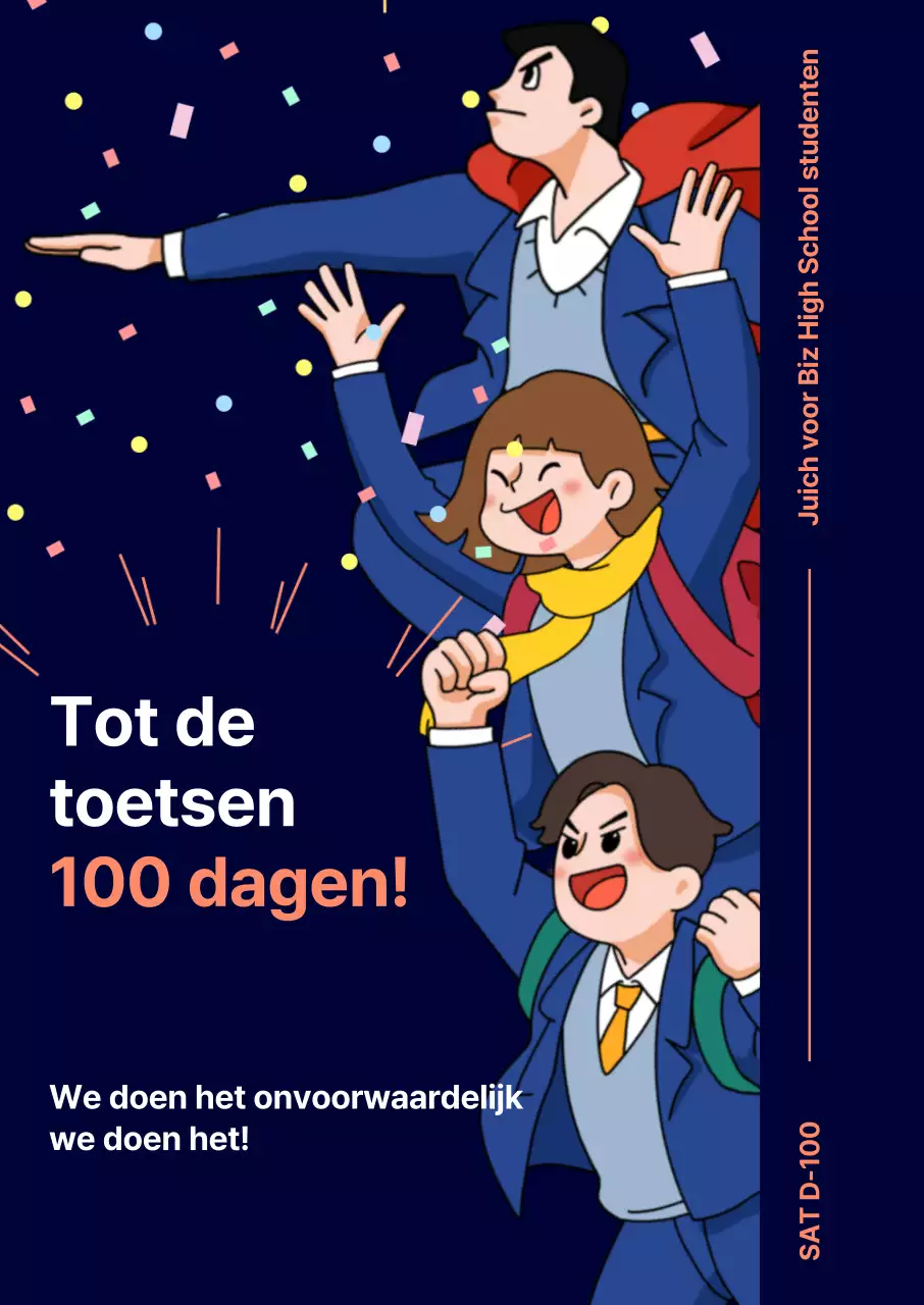 SATs terug naar school cheer poster met marineblauwe achtergrond met illustratie van gelukkige studenten