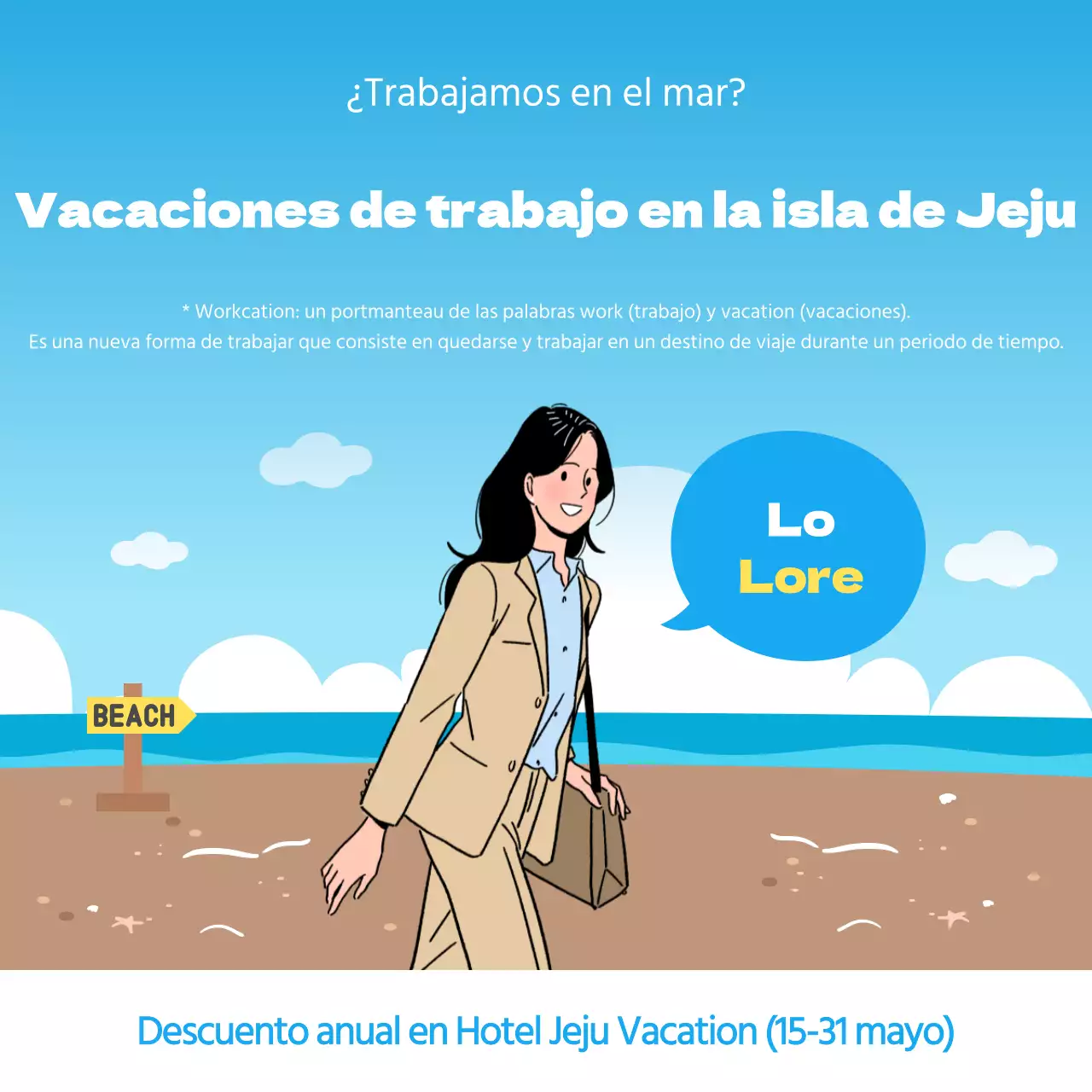 Estancias con descuento en el hotel workcation de la isla de Jeju con un concepto de ilustración de dibujos animados del mar azul