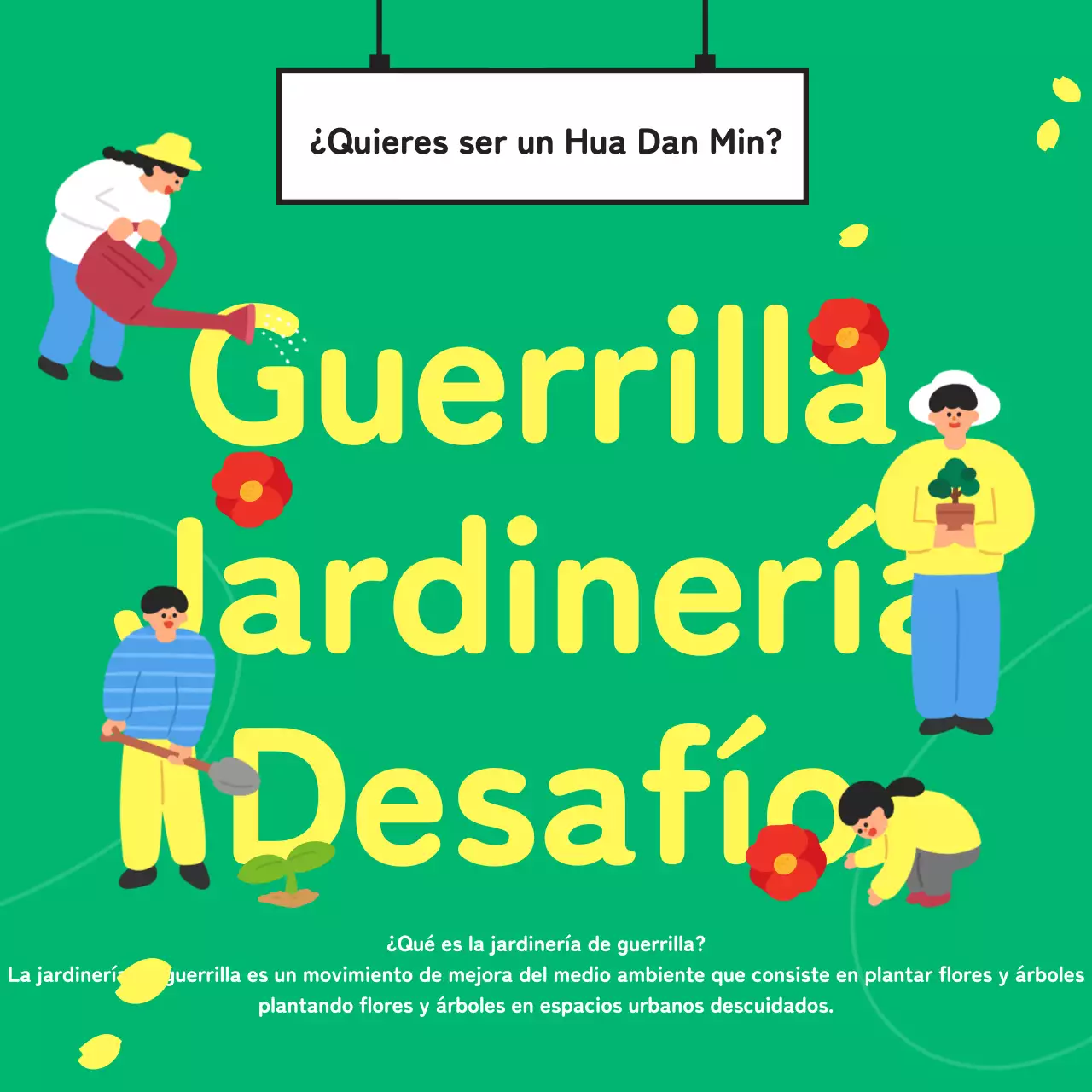 Desafío de jardinería de guerrilla con un concepto bonito, verde e ilustrado para mejorar el medio ambiente