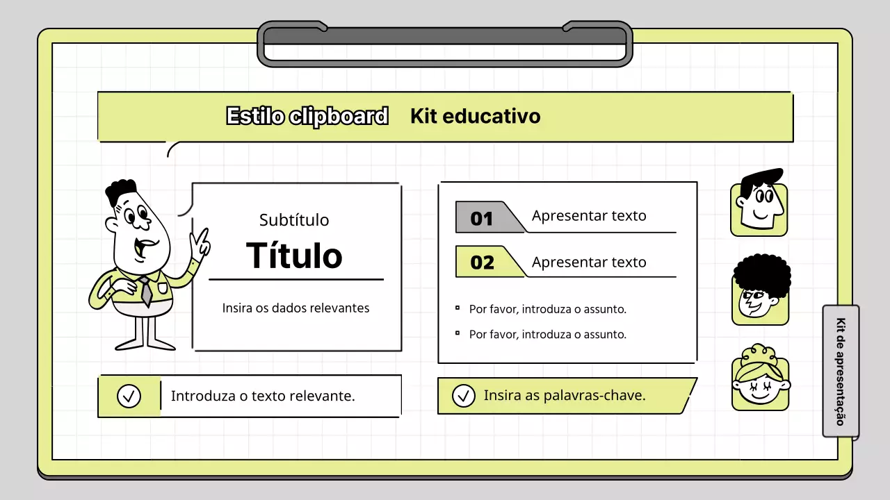 Kit de apresentação educativa com conceito de prancheta em lima e branco