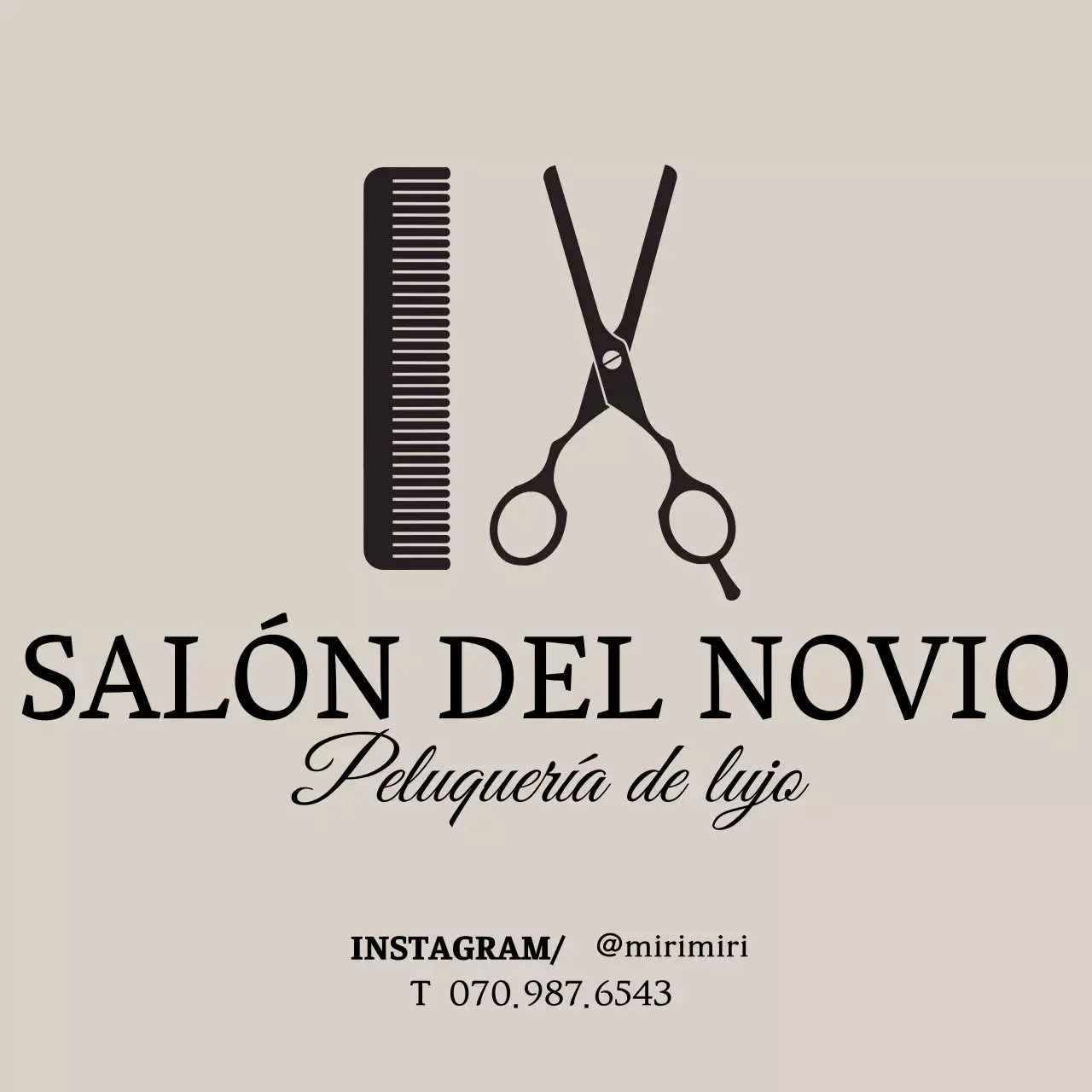 Logotipo de peluquería de estilo sencillo en marrón claro y negro con un aviso de consulta.