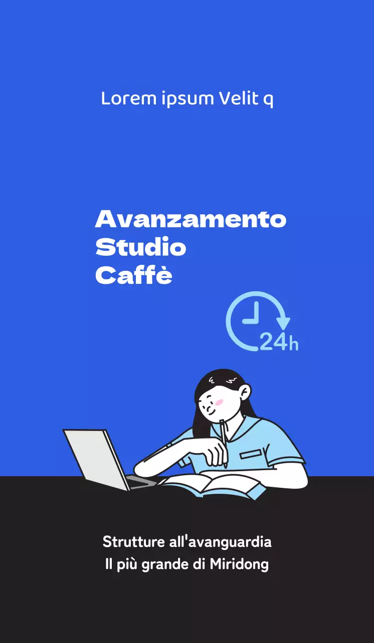 Promuovete un bar per lo studio pulito con l'illustrazione di uno studente che studia su uno sfondo blu.