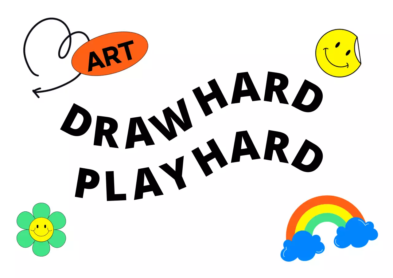 カラフルな色の様々なステッカーで飾られた美術学院の宣伝用デザイン。