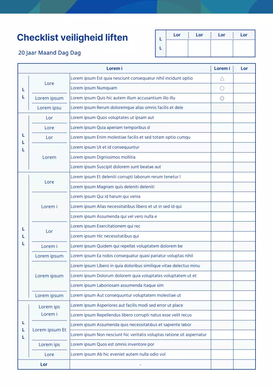 Veiligheidscontrolelijst voor liften met een strak blauw-wit patroonconcept