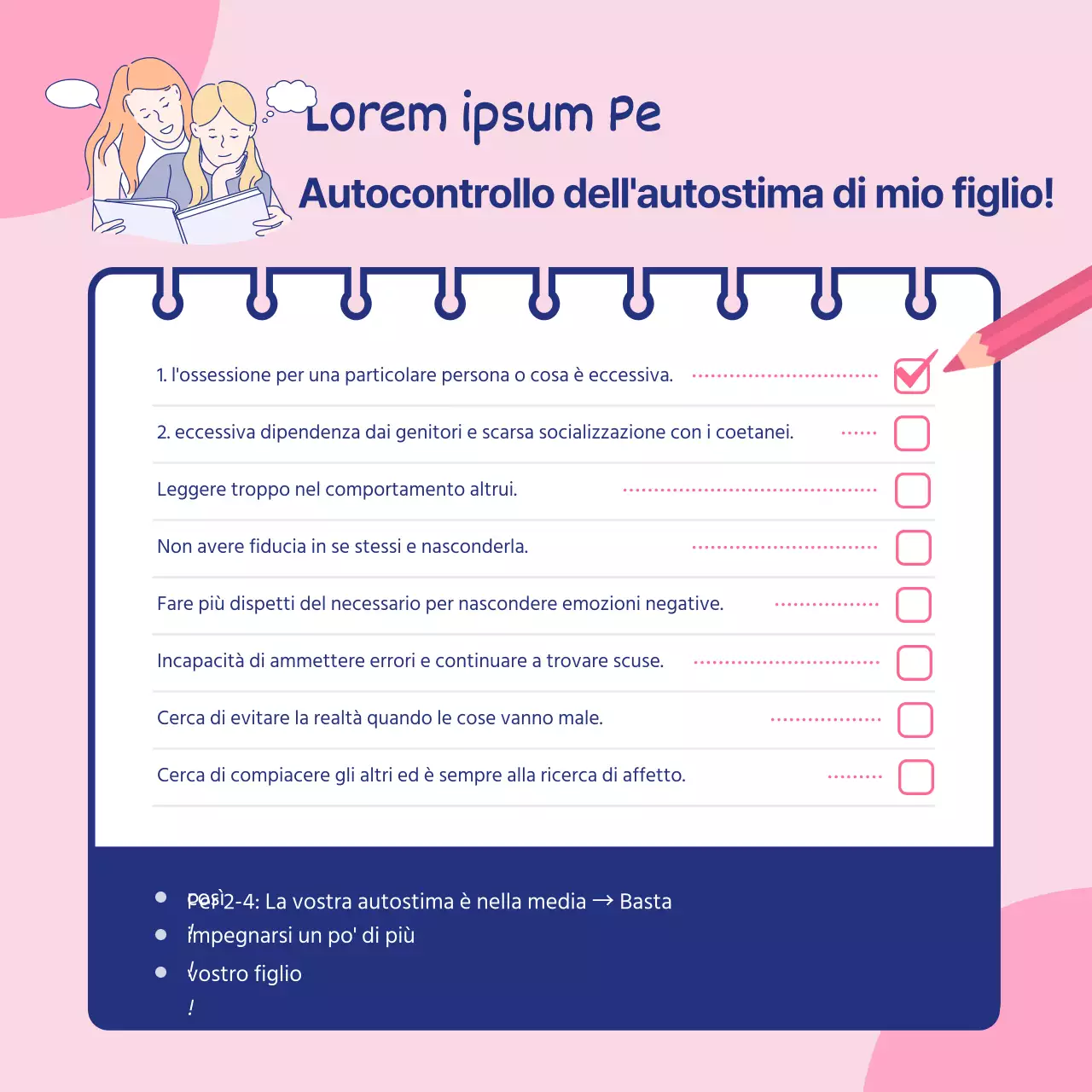 Lista di controllo per l'autostima del bambino in rosa e blu