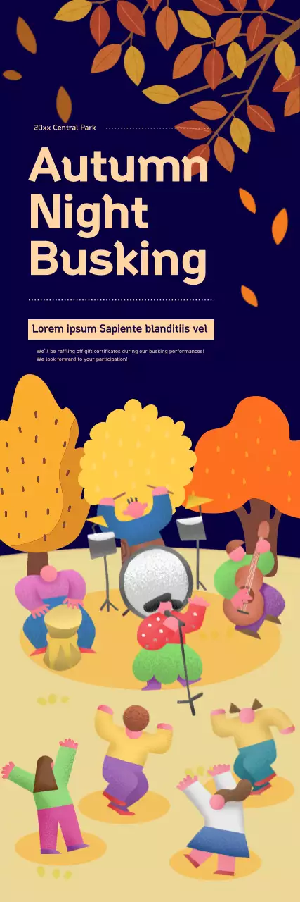 Promote a busking event with an autumnal nighttime backdrop