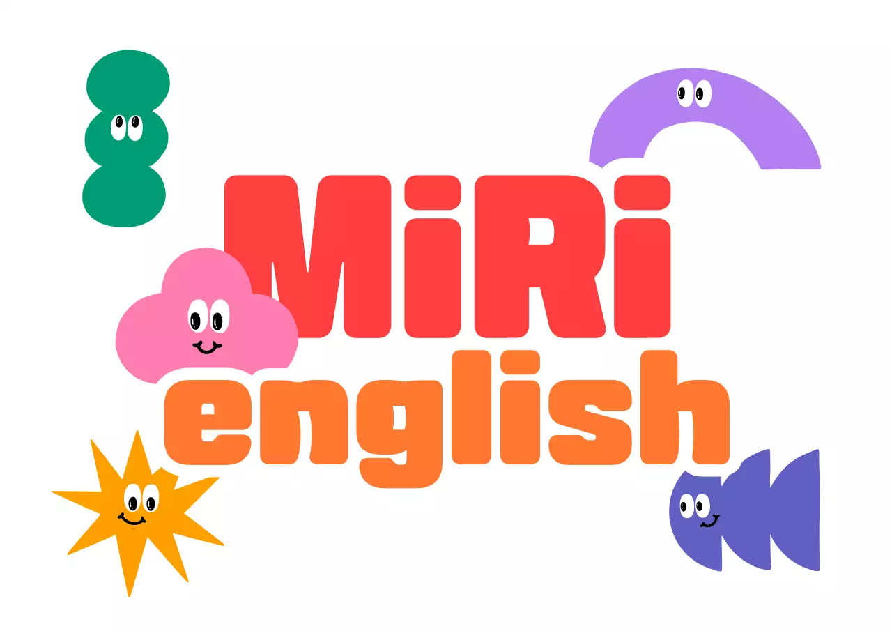 カラフルな色の様々な図形のキャラクターがある英語塾の広報用デザイン。