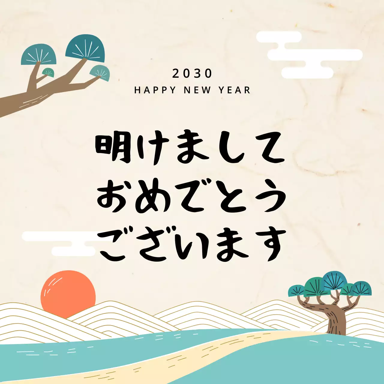 ベージュ 和風 新年 はがき SNS投稿 正方形